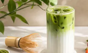 Erfrischender iced matcha mit Eiswürfeln und Milchschichten. Daneben ein Chasen (Bambusbesen) und eine Schale mit Matcha-Pulver.