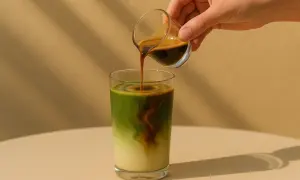 Ein Espresso wird in ein Glas mit cremiger Matcha-Milch gegossen und erzeugt ein schönes Muster.