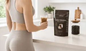 Frau hält Eiskaffee, neben VHEY® PRESSO Protein-Pulver. Die Koffein-Wirkdauer wird durch den belebenden Drink unterstützt.