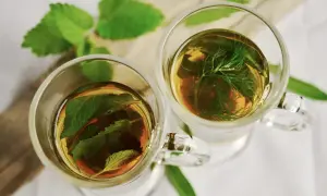 Zwei Gläser mit Kräutertee, lose zubereitet ohne Sieb. Eines mit Minze, das andere mit Dill.