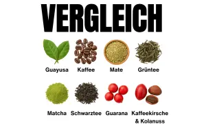 Vergleich von belebenden Getränken: Guayusa, Kaffee, Mate, Grüntee, Matcha, schwarzer Tee, Guarana und Kaffeekirsche & Kolanuss.