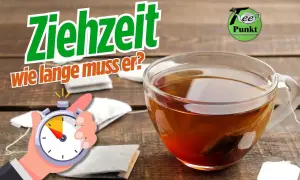 Die Ziehzeit beim Tee machen ist entscheidend. Ein Stoppuhr-Symbol und Teebeutel deuten auf die richtige Zubereitung hin.