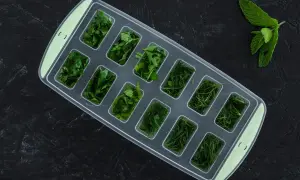 Kräuter wie Petersilie und Dill werden in einer Eiswürfelform vorbereitet, um sie später für Tee einfrieren zu können.