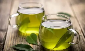 Zwei Tassen grüner Tee mit frischen Blättern. Manche sagen, grüner Tee macht dick, aber er ist doch so erfrischend!