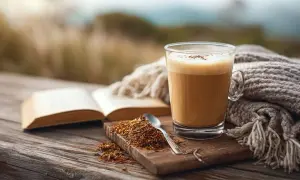 Gemütlicher Moment mit einem Glas Rooibostee mit Milch, einem Buch und einer Decke im Freien.