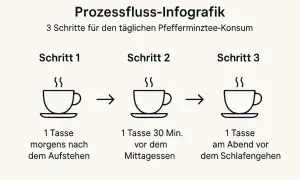 Infografik: 3 Schritte für täglichen Pfefferminztee-Konsum. Morgens, mittags und abends eine Tasse. Pfefferminztee hat kein Koffein.