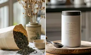 Tee in Tupperware-ähnlicher Dose zur Aufbewahrung. Links lose Teeblätter, rechts eine weiße Dose mit Löffel.