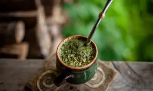 Ein grüner Mate-Becher mit Metallstrohhalm auf einem Holztisch. Informiere dich über mögliche mate tee nebenwirkungen, bevor du ihn genießt.