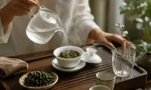 Eine Person übergießt grünen Tee mit heißem Wasser. Der Tee schmeckt bitter, aber die Zubereitung ist ein Ritual.