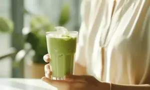 Erfrischender Eiskaffee mit Matcha. Die Wirkung von Matcha Tee auf Hormone ist ein spannendes Thema für Wohlbefinden.