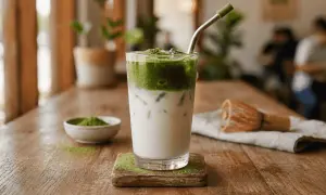 Erfrischender Matcha Frappe mit Milch und Eis, garniert mit Matcha-Pulver. Daneben eine kleine Schale mit Matcha und ein Chasen.