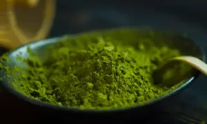 Feines, leuchtend grünes Matcha-Pulver in einer Schale, bereit für einen Energieschub durch den enthaltenen Matcha-Koffein.