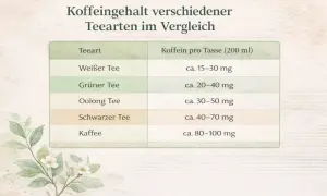Vergleichstabelle: Koffeingehalt verschiedener Teesorten. Weißer Tee hat ca. 15-30 mg, grüner Tee ca. 20-40 mg, Oolong Tee ca. 30-50 mg, schwarzer Tee ca. 40-70 mg und Kaffee ca. 80-100 mg Koffein pro Tasse.