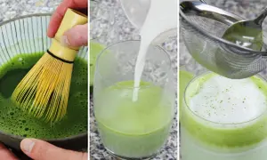 Zubereitung eines cremigen Matcha Latte Macchiato: Matcha wird aufgeschäumt, Milch wird hinzugefügt und das Getränk wird gesiebt.
