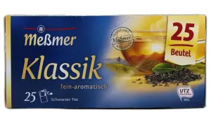 Meßmer Klassik schwarzer Tee, 25 Beutel. Die Frage "wie lange sind Teebeutel haltbar" beantwortet sich mit der Frische dieses Tees.