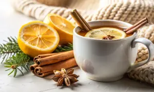Eine Tasse Tee mit Zitrone und Zimt, umgeben von Zimtstangen, Sternanis und Tannenzweigen. Perfekt, um Zimt in Tee zu mischen für gemütliche Momente.