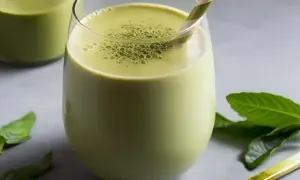 Ein cremiger, grüner Matcha Smoothie mit einer gestreiften Trinkhalm und frischen Minzblättern.