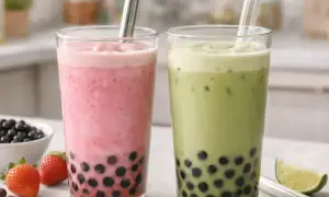 Zwei leckere Bubble Tea mit Erdbeer- und Matcha-Geschmack. Der Koffein-Kick für den Nachmittag.