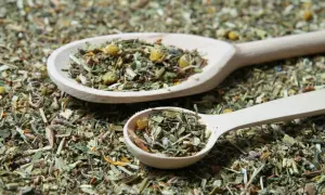 Zwei Holzlöffel gefüllt mit Kräutern für Tee selber machen Rezepte. Die Mischung duftet nach Kamille und anderen Heilkräutern.