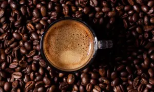 Eine Tasse Espresso auf gerösteten Kaffeebohnen. Wenn zu viel Koffein im Spiel ist, hilft Wasser und Geduld.