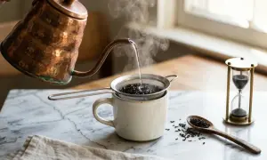 Heißes Wasser aus einer Kupferkanne fließt in eine Tasse mit losem Tee. Eine Sanduhr zeigt die Ziehzeit an, um die perfekte Menge Tee pro Tasse zu ermitteln.