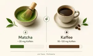 Matcha mit Bambusbesen in Schale und eine Tasse Kaffee. Matcha macht wach, liefert aber weniger Koffein als Kaffee.