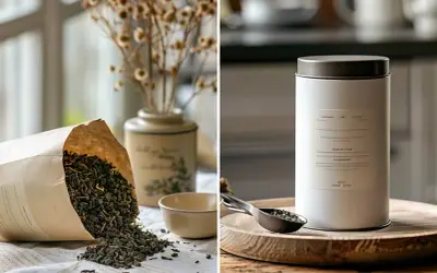 Tee in Tupperware-ähnlicher Dose zur Aufbewahrung. Links lose Teeblätter, rechts eine weiße Dose mit Löffel.