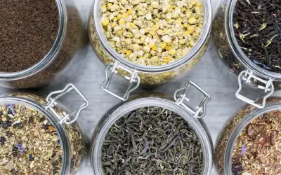 Sechs Gläser mit verschiedenen blattgrad tee Sorten: Kamille, schwarzer Tee, grüner Tee, Rooibos und Kräutermischungen.