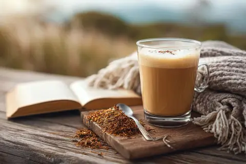 Ein Glas rooibos tee mit milch steht neben einem aufgeschlagenen Buch und einer Decke auf einem Holztisch.