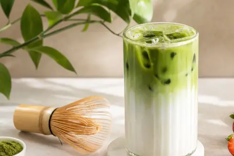Erfrischender iced matcha mit Eiswürfeln und Milchschichten. Daneben ein Chasen (Bambusbesen) und eine Schale mit Matcha-Pulver.