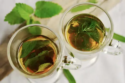 Zwei Gläser mit Kräutertee, lose zubereitet ohne Sieb. Eines mit Minze, das andere mit Dill.