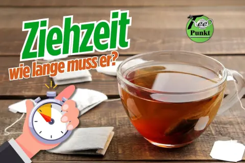 Die Ziehzeit beim Tee machen ist entscheidend. Ein Stoppuhr-Symbol und Teebeutel deuten auf die richtige Zubereitung hin.