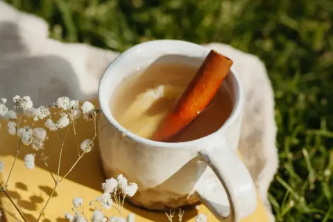 Ein Becher mit warmem Getränk, Zimtstange und Zitronenscheiben. Perfekt, um Zimt-Tee selber machen mit Pulver zu genießen.