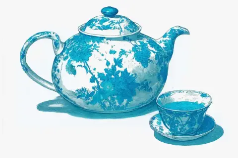 Blau-weiße Teekanne und Tasse mit floralem Muster. Die Epigallocatechingallat-Wirkung von grünem Tee ist bekannt für seine antioxidativen Eigenschaften.