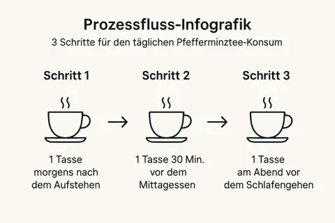 Infografik: 3 Schritte für täglichen Pfefferminztee-Konsum. Morgens, mittags und abends eine Tasse. Pfefferminztee hat kein Koffein.