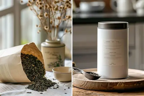 Tee in Tupperware-ähnlicher Dose zur Aufbewahrung. Links lose Teeblätter, rechts eine weiße Dose mit Löffel.