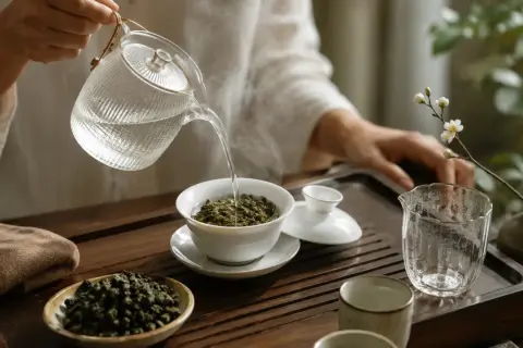 Eine Person übergießt grünen Tee mit heißem Wasser. Der Tee schmeckt bitter, aber die Zubereitung ist ein Ritual.