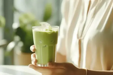 Erfrischender Eiskaffee mit Matcha. Die Wirkung von Matcha Tee auf Hormone ist ein spannendes Thema für Wohlbefinden.