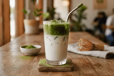 Erfrischender Matcha Frappe mit Milch und Eis, garniert mit Matcha-Pulver. Daneben eine kleine Schale mit Matcha und ein Chasen.