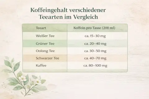 Vergleichstabelle: Koffeingehalt verschiedener Teesorten. Weißer Tee hat ca. 15-30 mg, grüner Tee ca. 20-40 mg, Oolong Tee ca. 30-50 mg, schwarzer Tee ca. 40-70 mg und Kaffee ca. 80-100 mg Koffein pro Tasse.