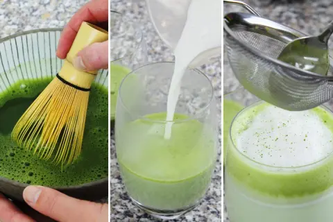 Zubereitung eines cremigen Matcha Latte Macchiato: Matcha wird aufgeschäumt, Milch wird hinzugefügt und das Getränk wird gesiebt.
