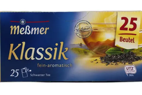 Meßmer Klassik schwarzer Tee, 25 Beutel. Die Frage "wie lange sind Teebeutel haltbar" beantwortet sich mit der Frische dieses Tees.