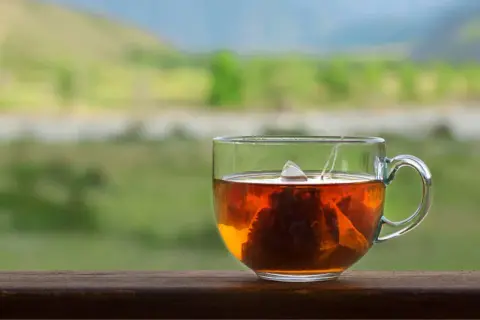 Eine Tasse heißer Schwarztee mit Teebeutel, der im Hintergrund einer grünen Landschaft zieht. Perfekt, um sich zu fragen, wieviel Schwarztee am Tag gesund ist.