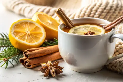 Eine Tasse Tee mit Zitrone und Zimt, umgeben von Zimtstangen, Sternanis und Tannenzweigen. Perfekt, um Zimt in Tee zu mischen für gemütliche Momente.
