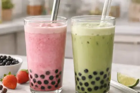 Zwei leckere Bubble Tea mit Erdbeer- und Matcha-Geschmack. Der Koffein-Kick für den Nachmittag.