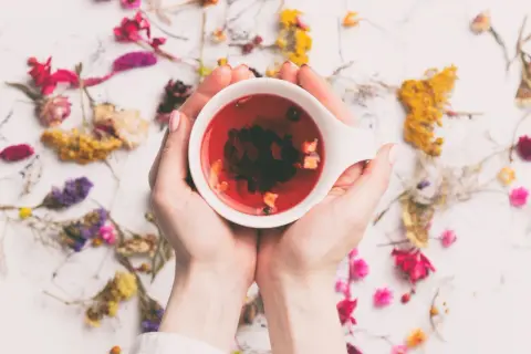 Hände halten eine Tasse mit rotem Tee, umgeben von getrockneten Blumen. Ein perfekter Tee am Morgen für einen frischen Start.