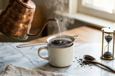 Heißes Wasser aus einer Kupferkanne fließt in eine Tasse mit losem Tee. Eine Sanduhr zeigt die Ziehzeit an, um die perfekte Menge Tee pro Tasse zu ermitteln.