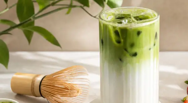 Erfrischender iced matcha mit Eiswürfeln und Milchschichten. Daneben ein Chasen (Bambusbesen) und eine Schale mit Matcha-Pulver.