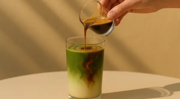 Ein Espresso wird in ein Glas mit cremiger Matcha-Milch gegossen und erzeugt ein schönes Muster.