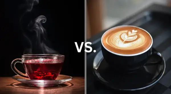 Schwarzer Tee vs. Kaffee: Ein Vergleich von Koffein und Geschmack. Dampfender Tee trifft auf Latte Art.